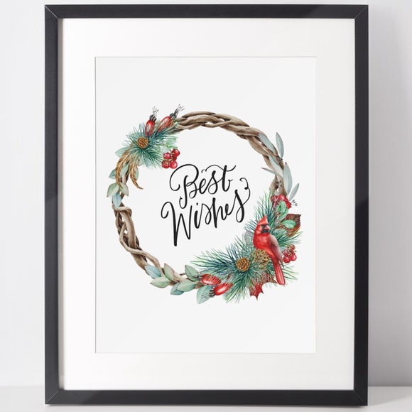 Other - Wall Art Watercolor Christmas Wreath Illustration Print Poster Card Unframed
